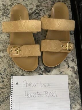 Louis Vuitton Tan Monogram Slide Sandals with Gold Hardware